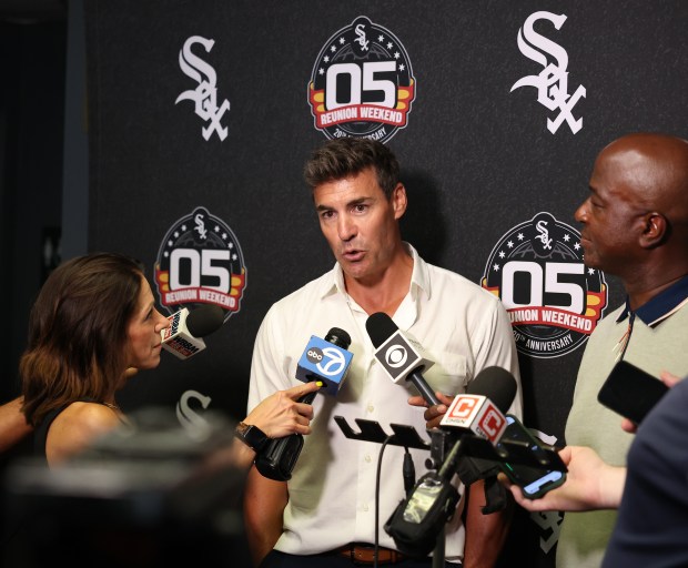 Former Chicago White Sox player Scott Podsednik gives an interview during the 2005 World Series reunion weekend at Rate Field in Chicago before game two of a doubleheader between the Sox and the Cleveland Guardians on July 11, 2025. (Chris Sweda/Chicago Tribune)