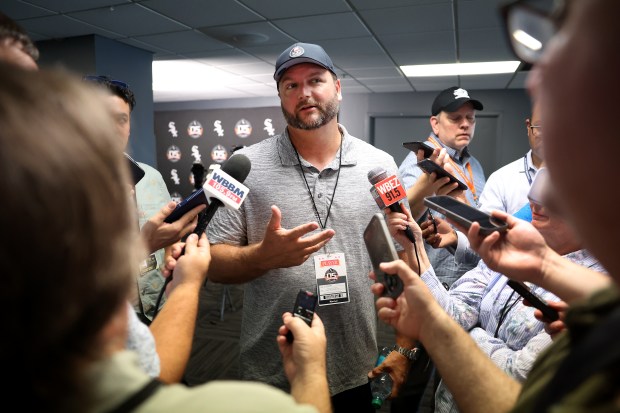 Former Chicago White Sox catcher A.J. Pierzynski gives an interview during the 2005 World Series reunion weekend at Rate Field in Chicago before game two of a doubleheader between the Sox and the Cleveland Guardians on July 11, 2025. (Chris Sweda/Chicago Tribune)