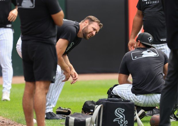 White Sox pitcher Adrian Houser warms up before a game against the Phillies at Rate Field on July 30, 2025, in Chicago. (John J. Kim/Chicago Tribune)