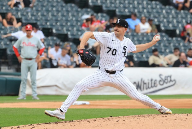 White Sox starting pitcher Tyler Alexander throws in the third inning against the Phillies at Rate Field on July 30, 2025, in Chicago. (John J. Kim/Chicago Tribune)