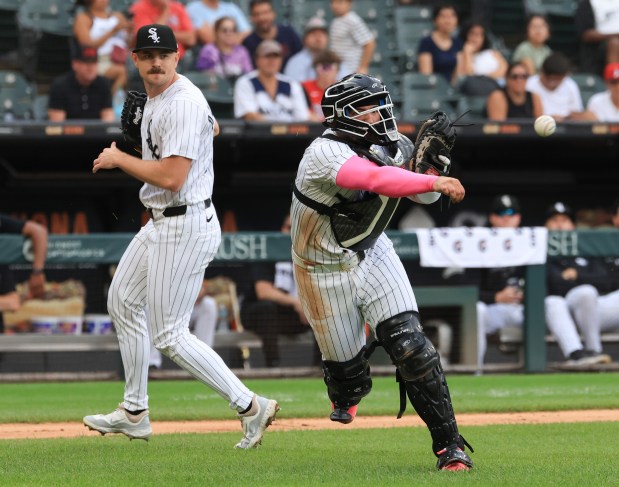 White Sox catcher Edgar Quero throws to first on a bunt attempt by Phillies center fielder Johan Rojas for an out in the third inning at Rate Field on July 30, 2025, in Chicago. (John J. Kim/Chicago Tribune)