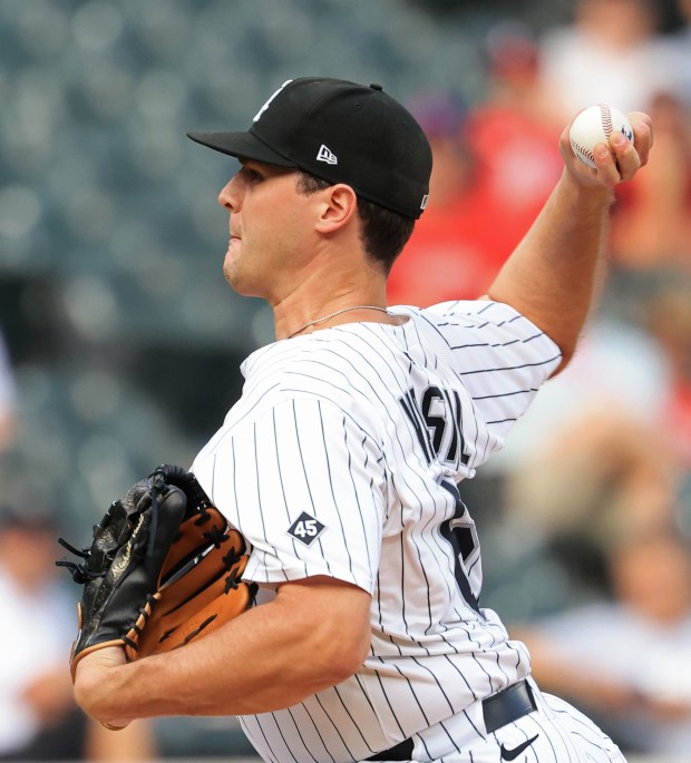 White Sox pitcher Mike Vasil throws in the fourth inning against the Phillies at Rate Field on July 30, 2025, in Chicago. (John J. Kim/Chicago Tribune)