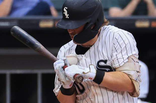 White Sox second baseman Chase Meidroth is hit by a pitch to his right hand in the fifth inning against the Phillies at Rate Field on July 30, 2025, in Chicago. (John J. Kim/Chicago Tribune)