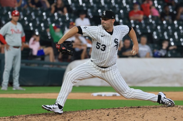White Sox pitcher Brandon Eisert throws in the eighth inning against the Phillies at Rate Field on July 30, 2025, in Chicago. (John J. Kim/Chicago Tribune)