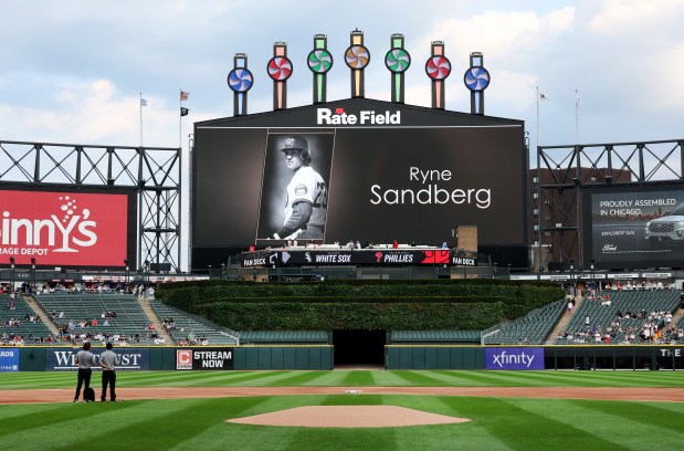 The image of Chicago Cubs great Ryne Sandberg is cast on the big screen at Rate Field in Chicago during a moment of silence before a game between the Chicago White Sox and the Philadelphia Phillies on July 29, 2025. (Chris Sweda/Chicago Tribune)