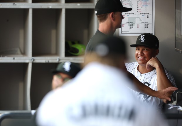 Chicago White Sox manager Will Venable flashes a smile in the dugout before the start of a game against the Philadelphia Phillies at Rate Field in Chicago on July 29, 2025. (Chris Sweda/Chicago Tribune)