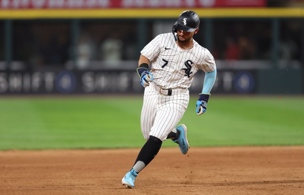 Chicago White Sox designated hitter Edgar Quero rounds the bases as he advances to third base in the ninth inning of a game against the Philadelphia Phillies at Rate Field in Chicago on July 29, 2025. (Chris Sweda/Chicago Tribune)