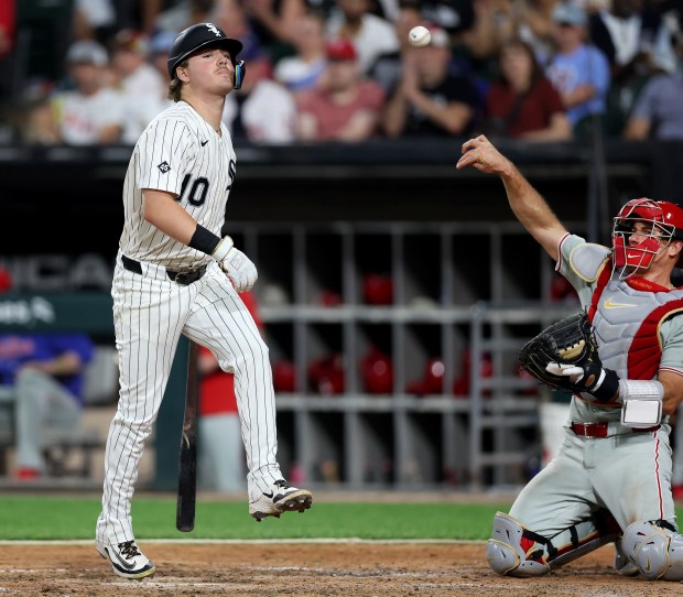 Chicago White Sox shortstop Chase Meidroth (10) reacts after striking out in the eighth inning of a game against the Philadelphia Phillies at Rate Field in Chicago on July 29, 2025. (Chris Sweda/Chicago Tribune)