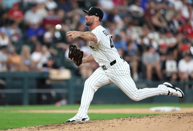 Chicago White Sox relief pitcher Tyler Gilbert (40) delivers to the Philadelphia Phillies in the seventh inning of a game at Rate Field in Chicago on July 29, 2025. (Chris Sweda/Chicago Tribune)