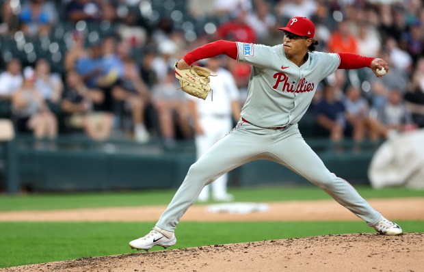 Philadelphia Phillies pitcher Jesús Luzardo (44) delivers to the Chicago White Sox in the sixth inning of a game at Rate Field in Chicago on July 29, 2025. (Chris Sweda/Chicago Tribune)