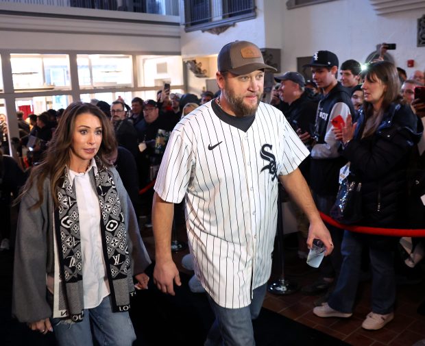 Former White Sox pitcher Mark Buehrle is introduced during SoxFest Live at the Ramova Theatre on Jan. 24, 2025. (Chris Sweda/Chicago Tribune)