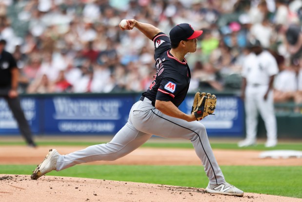 Cleveland Guardians pitcher Joey Cantillo (54) pitches in the first inning against the Chicago White Sox at Rate Field on Sunday, July 13, 2025. (Eileen T. Meslar/Chicago Tribune)