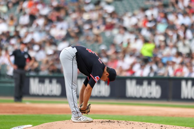 Cleveland Guardians pitcher Joey Cantillo (54) stretches before pitching in the second inning against the Chicago White Sox at Rate Field on Sunday, July 13, 2025. (Eileen T. Meslar/Chicago Tribune)