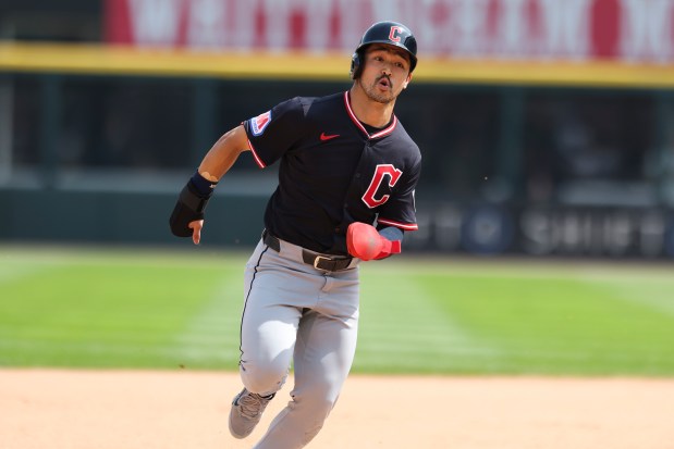 Cleveland Guardians outfielder Steven Kwan (38) runs to third base in the eighth inning against the Chicago White Sox at Rate Field on Sunday, July 13, 2025. (Eileen T. Meslar/Chicago Tribune)