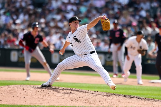 Chicago White Sox pitcher Grant Taylor (31) pitches in the eighth inning against the Cleveland Guardians at Rate Field on Sunday, July 13, 2025. (Eileen T. Meslar/Chicago Tribune)