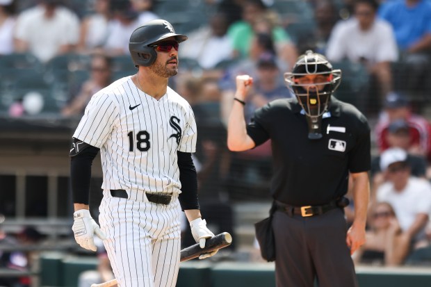 Chicago White Sox outfielder Mike Tauchman (18) is called out on strikes in the eighth inning against the Cleveland Guardians at Rate Field on Sunday, July 13, 2025. (Eileen T. Meslar/Chicago Tribune)
