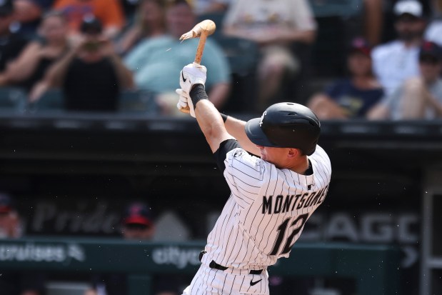 Chicago White Sox shortstop Colson Montgomery (12) breaks hit bat in the ninth inning against the Cleveland Guardians at Rate Field on Sunday, July 13, 2025. (Eileen T. Meslar/Chicago Tribune)
