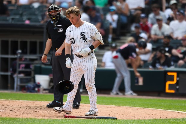 Chicago White Sox shortstop Chase Meidroth (10) throws his helmet after striking out in the ninth inning against the Cleveland Guardians at Rate Field on Sunday, July 13, 2025. (Eileen T. Meslar/Chicago Tribune)