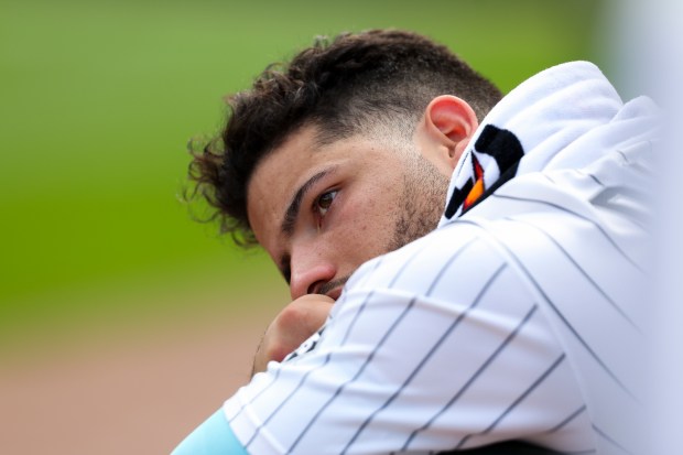 Chicago White Sox catcher Edgar Quero (7) leans on the railing in the dugout in the tenth inning against the Cleveland Guardians at Rate Field on Sunday, July 13, 2025. (Eileen T. Meslar/Chicago Tribune)