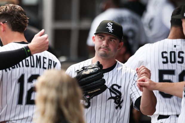 Chicago White Sox pitcher Brandon Eisert (53) walks into the dugout after giving up a run in the tenth inning against the Cleveland Guardians at Rate Field on Sunday, July 13, 2025. (Eileen T. Meslar/Chicago Tribune)