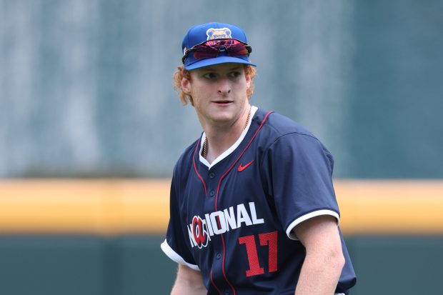 Owen Caissie #17 of the Chicago Cubs warms up ahead of the 2025 All-Star Futures Game at Truist Park on July 12, 2025 in Atlanta, Georgia. (Photo by Jamie Squire/Getty Images)