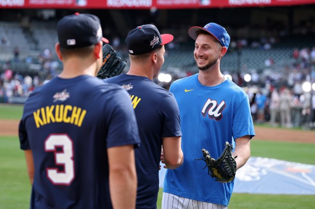 Kyle Tucker #30 of the Chicago Cubs speaks with Hunter Brown #58 of the Houston Astros during All-Star Workout Day at Truist Park on July 14, 2025 in Atlanta, Georgia. (Photo by Kevin C. Cox/Getty Images)