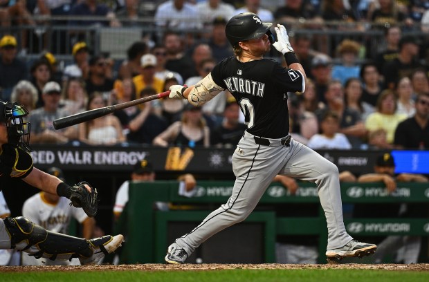 Chase Meidroth #10 of the Chicago White Sox hits an RBI single in the sixth inning during the game against the Pittsburgh Pirates at PNC Park on July 19, 2025 in Pittsburgh, Pennsylvania. (Photo by Justin Berl/Getty Images)
