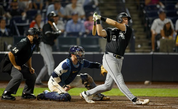 Colson Montgomery #12 of the Chicago White Sox hits a two-RBI double in the eighth inning during the game against the Tampa Bay Rays at George M. Steinbrenner Field on July 23, 2025 in Tampa, Florida. (Photo by Mike Ehrmann/Getty Images)