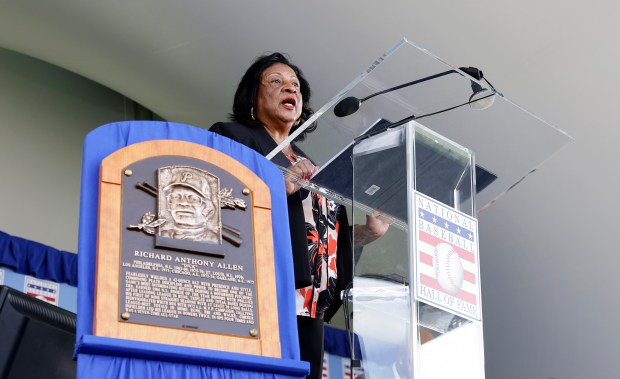Willa Allen, wife of the late Dick Allen, speaks on his behalf during the Baseball Hall of Fame induction ceremony at Clark Sports Center on July 27, 2025 in Cooperstown, New York. (Photo by Jim McIsaac/Getty Images)