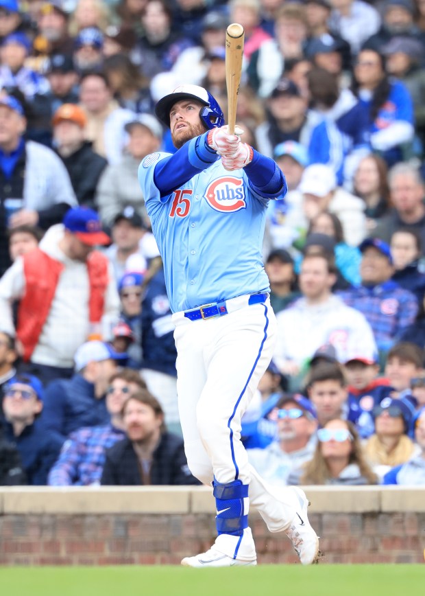 Cubs catcher Carson Kelly watches his a three-run home run during the sixth inning against the Padres on April 5, 2025, at Wrigley Field. (Justin Casterline/Getty Images)