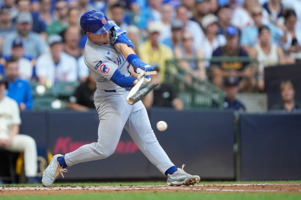 Chicago Cubs' Matt Shaw breaks his bat as he grounds out during the second inning of a baseball game against the Milwaukee Brewers, Tuesday, July 29, 2025, in Milwaukee. (AP Photo/Aaron Gash)