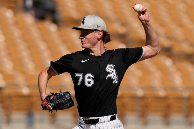 White Sox pitcher Noah Schultz throws during the fifth inning of a spring training baseball game against the Padres on Feb. 26, 2025, in Phoenix. (AP Photo/Carolyn Kaster)