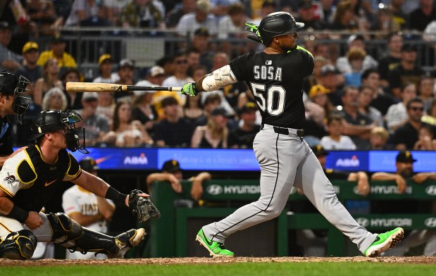 White Sox designated hitter Lenyn Sosa hits a two-run single in the seventh inning against the Pirates at PNC Park on July 19, 2025, in Pittsburgh. (Justin Berl/Getty Images)
