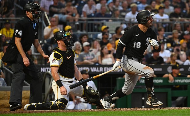 White Sox right fielder Mike Tauchman hits a three-run double in the sixth inning against the Pirates at PNC Park on July 19, 2025, in Pittsburgh. (Justin Berl/Getty Images)