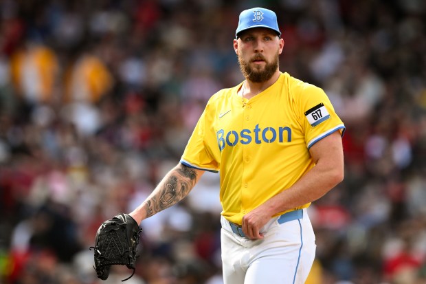 Red Sox starter Garrett Crochet walks off of the field at the end of the second inning against the White Sox on April 19, 2025, at Fenway Park in Boston. (Brian Fluharty/Getty Images)