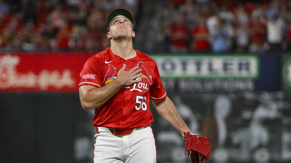 St. Louis Cardinals relief pitcher Ryan Helsley (56) reacts after the Cardinals defeated the San Diego Padres at Busch Stadium.