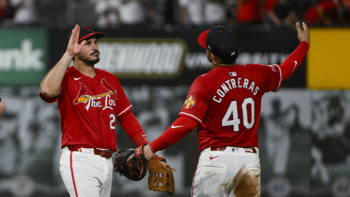 St. Louis Cardinals third baseman Nolan Arenado (28) celebrates with first baseman Willson Contreras (40) after the Cardinals defeated the San Diego Padres at Busch Stadium.