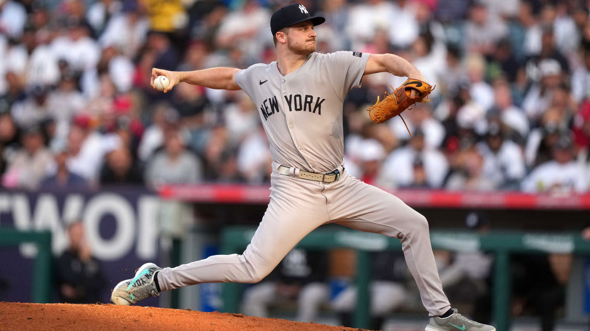 May 28, 2025; Anaheim, California, USA; New York Yankees starting pitcher Clarke Schmidt (36) throws in the first inning against the Los Angeles Angels at Angel Stadium.