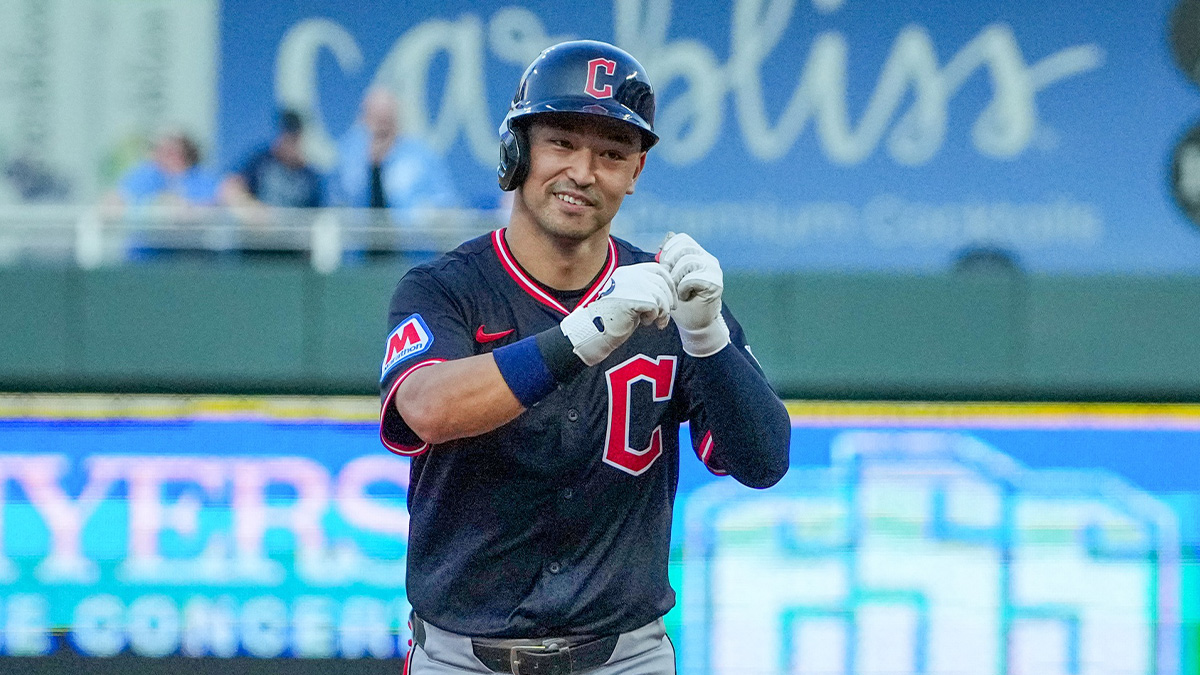 Cleveland Guardians left fielder Steven Kwan (38) celebrates while running the bases after hitting a two run home run against the Kansas City Royals in the fourth inning at Kauffman Stadium.