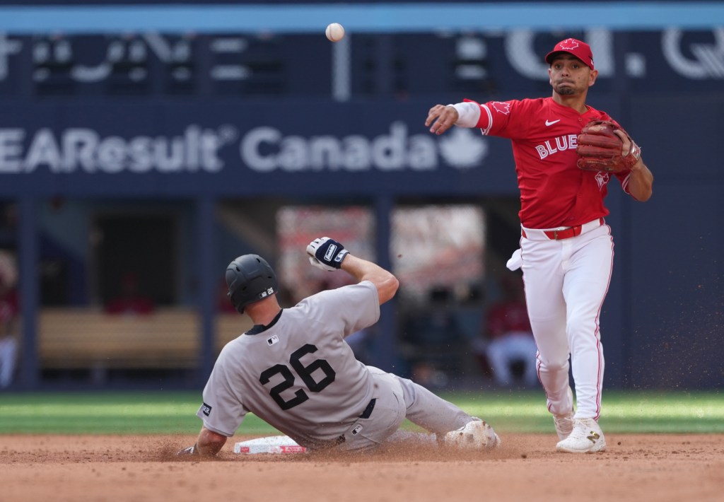 DJ LeMahieu is forced out by Andrés Giménez during the Yankees' loss to the Blue Jays on July 1, 2025.