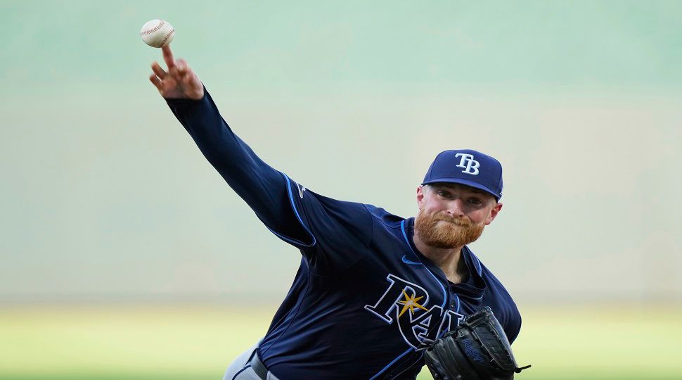 Rays pitcher Drew Rasmussen during the second inning of a baseball game, Wednesday, June 25, 2025, in Kansas City, Mo. (AP Photo/Charlie Riedel)