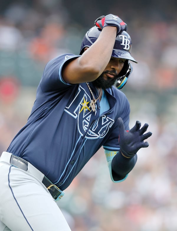 Tampa Bay Rays' Junior Caminero rounds the bases after hitting a home run against the Detroit Tigers during the seventh inning of a baseball game Wednesday, July 9, 2025, in Detroit. (AP Photo/Duane Burleson)