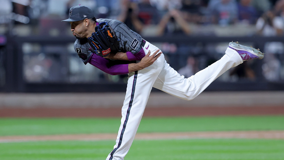 Jul 21, 2025; New York City, New York, USA; New York Mets relief pitcher Edwin Diaz (39) follows through on a pitch against the Los Angeles Angels during the ninth inning at Citi Field. 