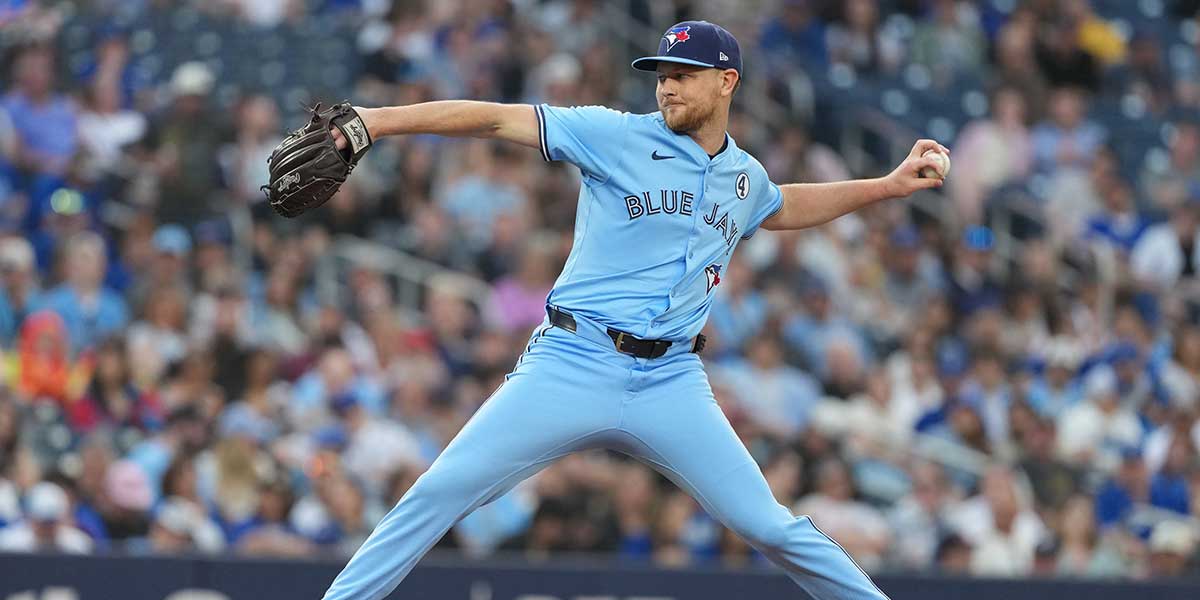 Jun 3, 2025; Toronto, Ontario, CAN; Toronto Blue Jays relief pitcher Eric Lauer (56) throws a pitch against the Philadelphia Phillies during the third inning at Rogers Centre.