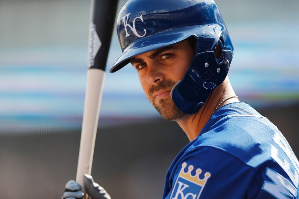 Kansas City Royals' Whit Merrifield prepares to bat during the ninth inning of a baseball game...