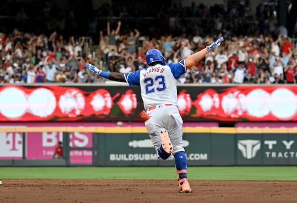 Atlanta Braves outfielder Michael Harris II celebrates as he circles the bases on a solo home run during the third inning against the New York Yankees on Saturday. (Hyosub Shin/AJC)