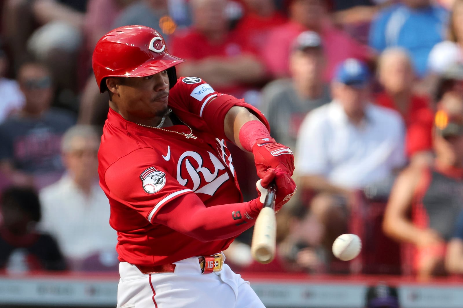Cincinnati Reds' Noelvi Marte (16) hits a home run during the seventh inning of a baseball game against the Colorado Rockies, Saturday, July 12, 2025, in Cincinnati. (AP Photo/Joe Maiorana)
