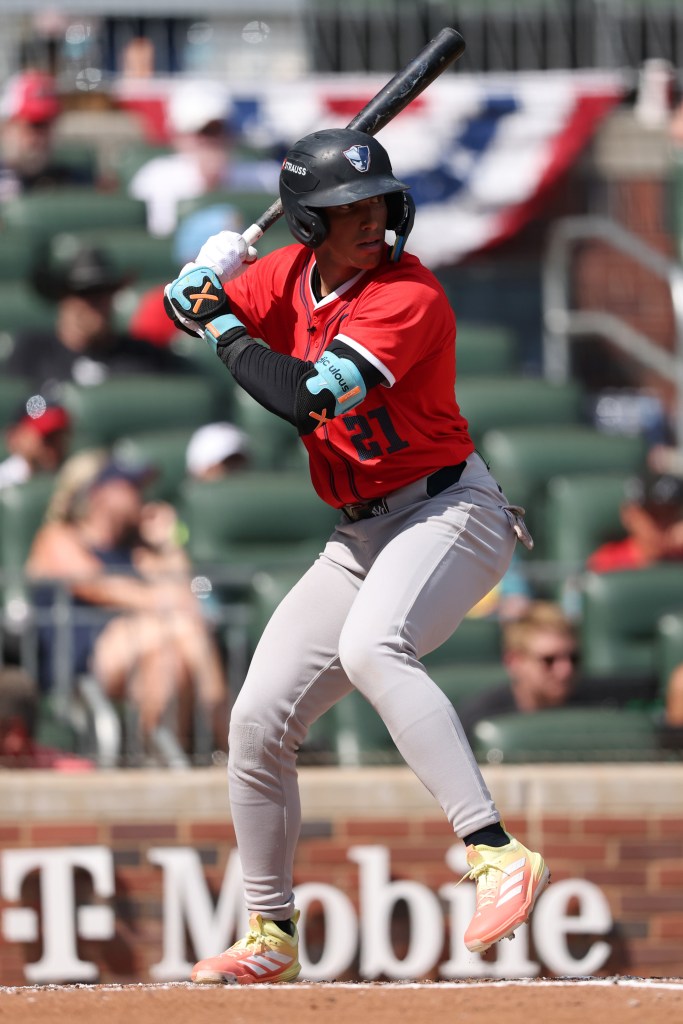 Yankees prospect George Lombard Jr. hits during the third inning of the MLB Futures Game.