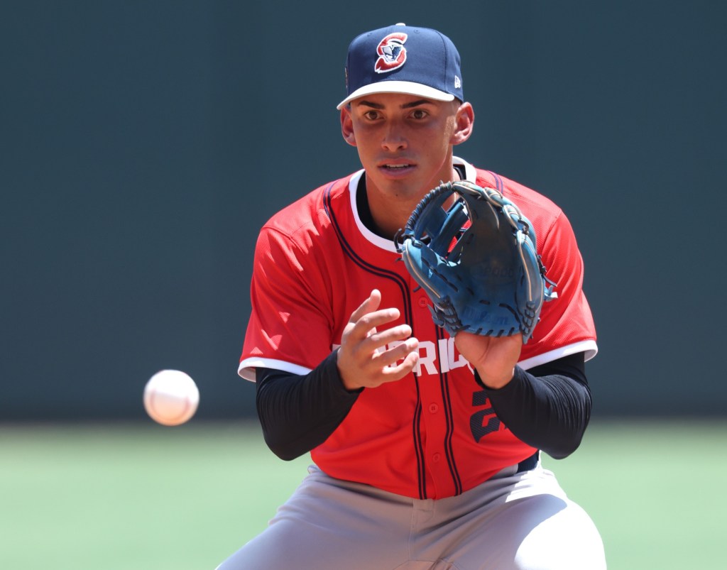 Yankees prospect George Lombard fields a ground during warmups before the MLB Futures Game, won 4-2 by the National League.