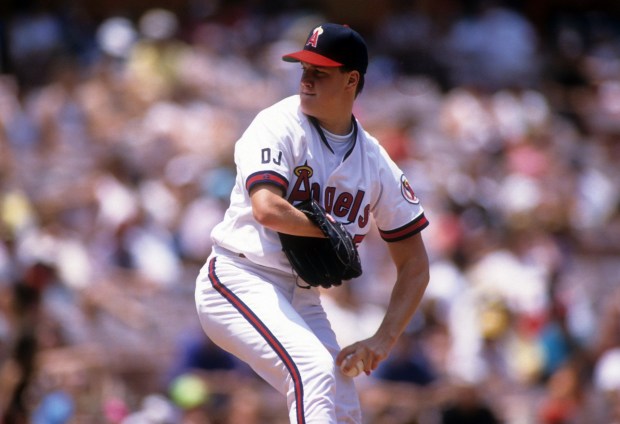Angels pitcher Jim Abbott readies to throw a pitch against the Cleveland Indians on May 31, 1992, at what was then known as Anaheim Stadium.  (Photo by Stephen Dunn/Getty Images)